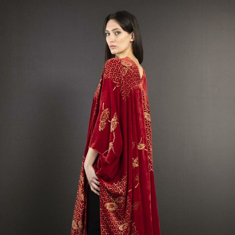 Daphne | Printed velvet Long evening coat | Japan Red