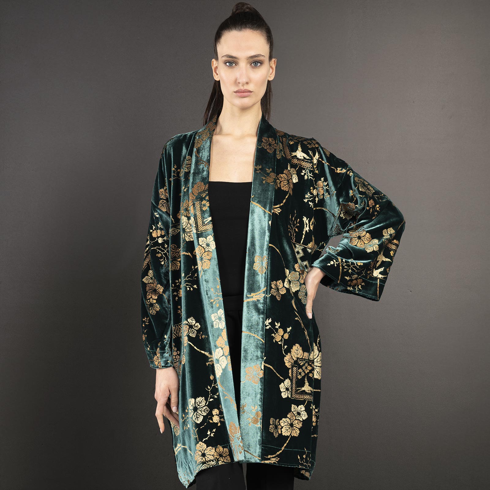 Isabel | Printed velvet Kimono Coat | Riassunto Teal green - Image 2