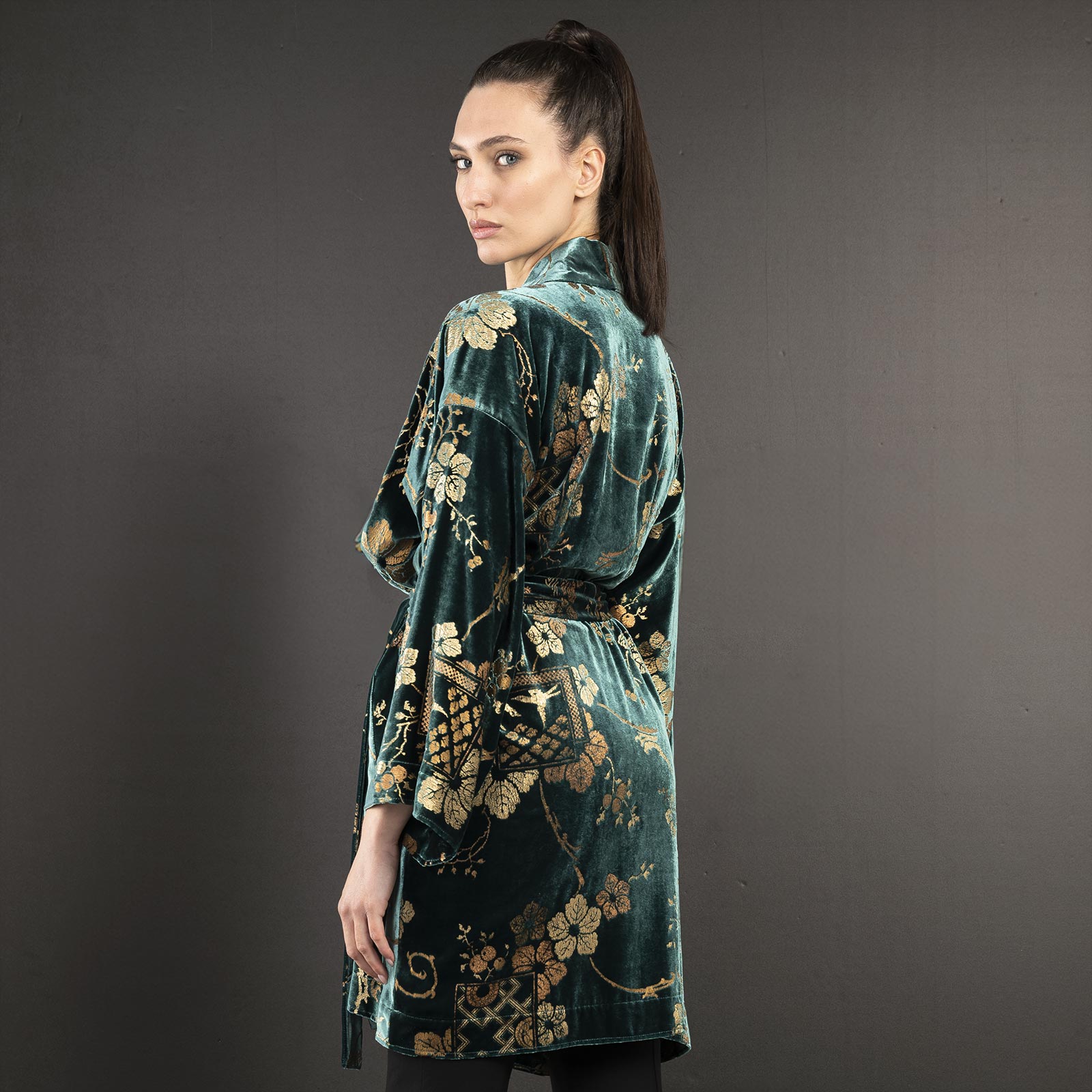 Isabel | Printed velvet Kimono Coat | Riassunto Teal green - Image 3