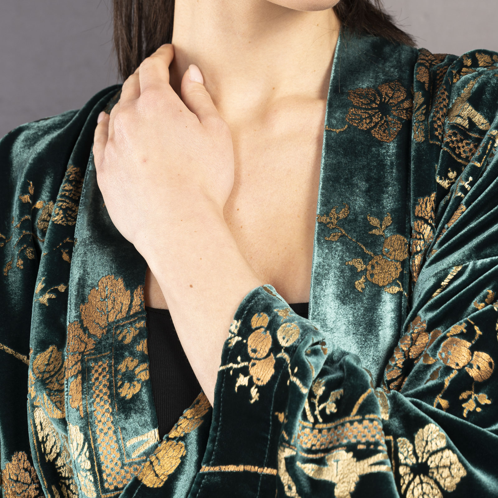 Isabel | Printed velvet Kimono Coat | Riassunto Teal green