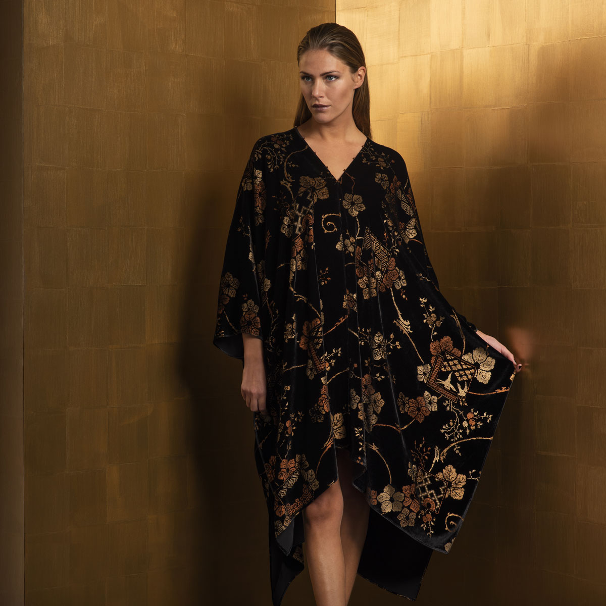printed velvet long evening coat