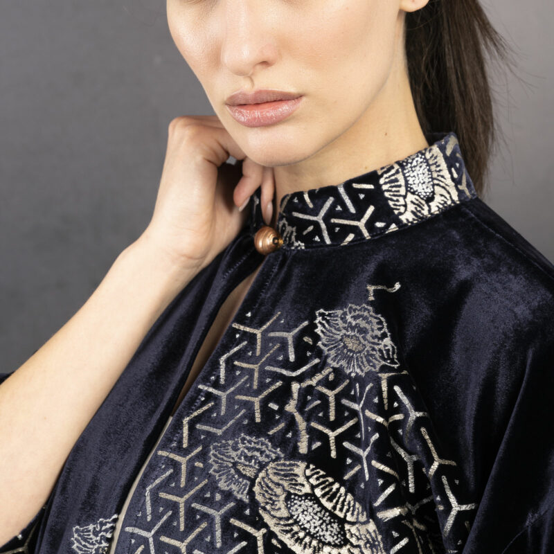 Cecilia | Printed velvet Mandarin Collar Jacket | Japan Navy blue