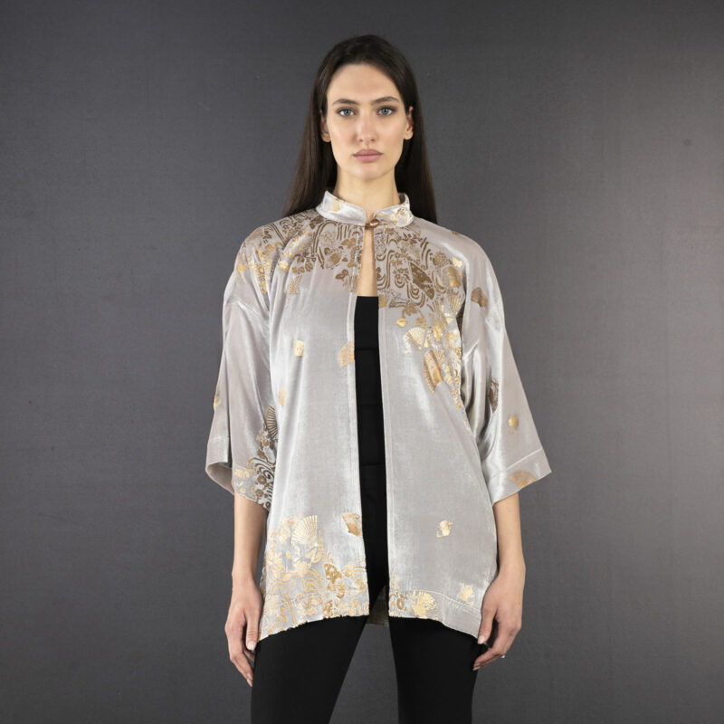 Cecilia | Printed velvet Mandarin Collar Jacket | Ventagli Taupe