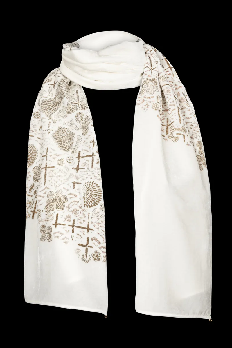 Printed velvet scarf with Murano glass beads | Crisantemi White