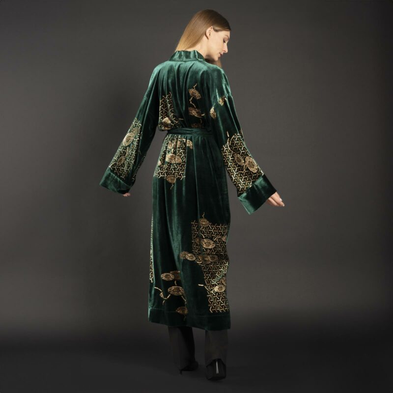 Audrey | Printed velvet Long Kimono coat |  Japan Fir green
