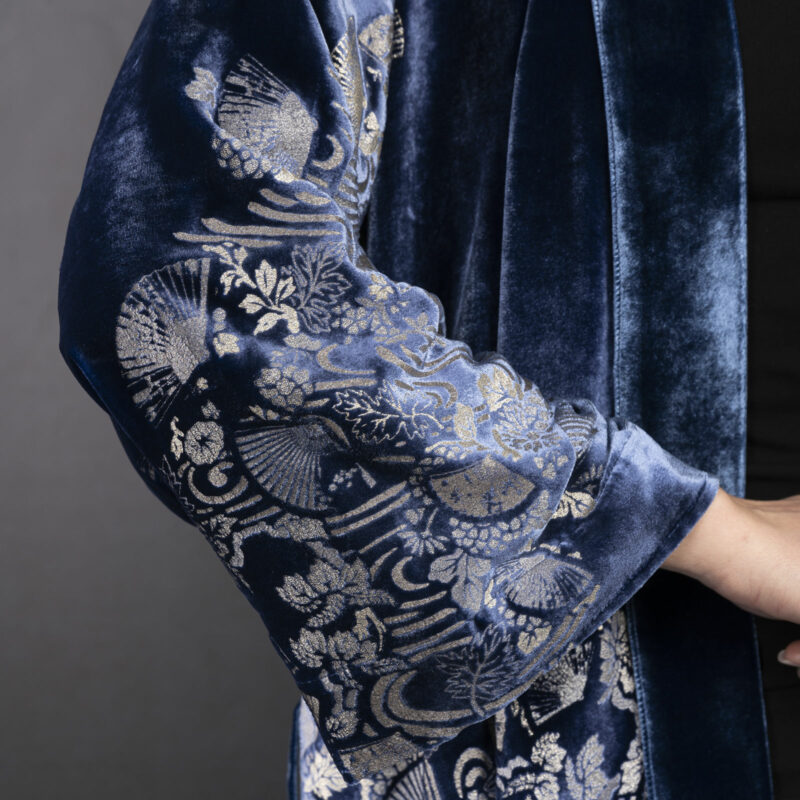 Isabel | Printed velvet Kimono Coat | Ventagli Blue