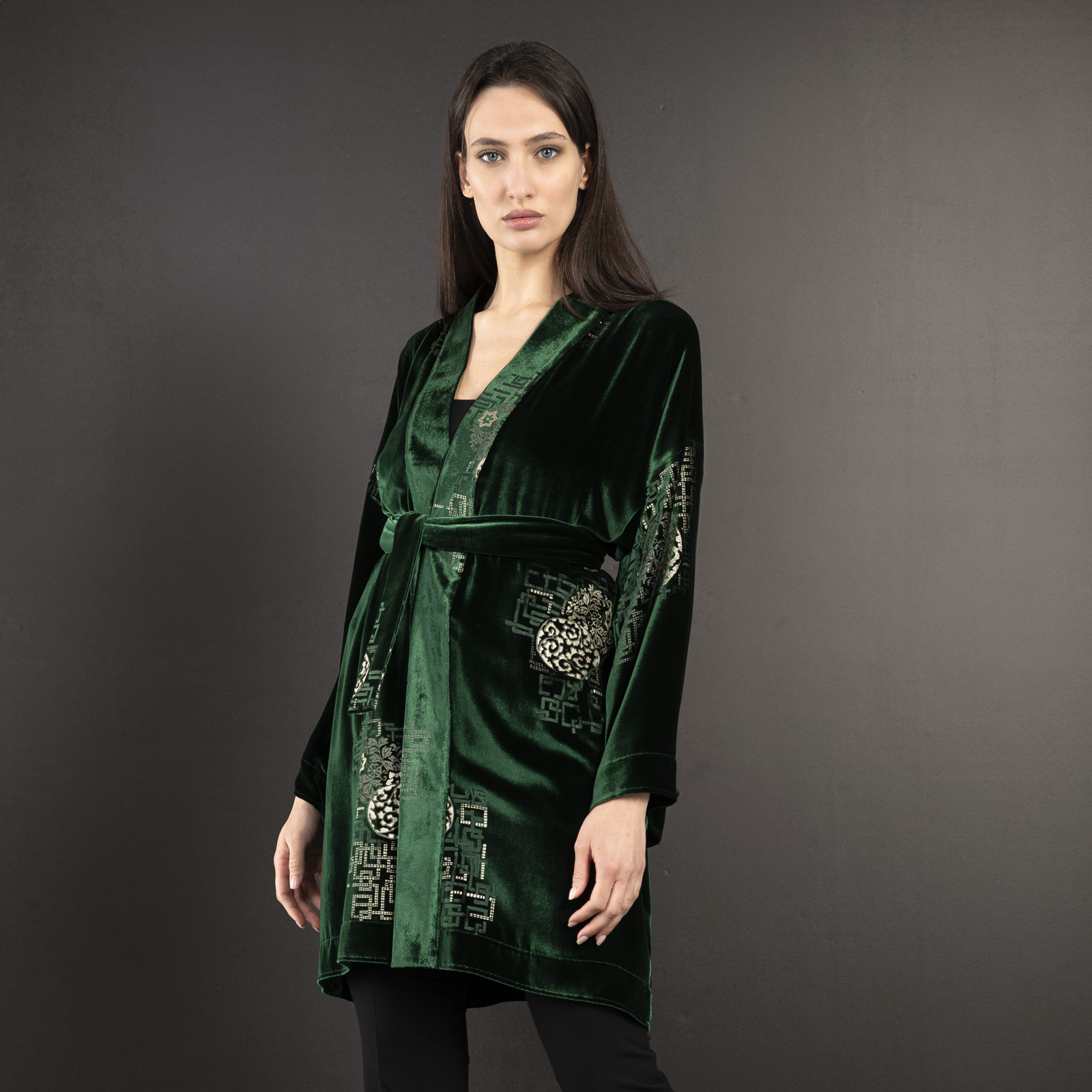 Isabel | Printed velvet Kimono Coat | Kyoto Fir green