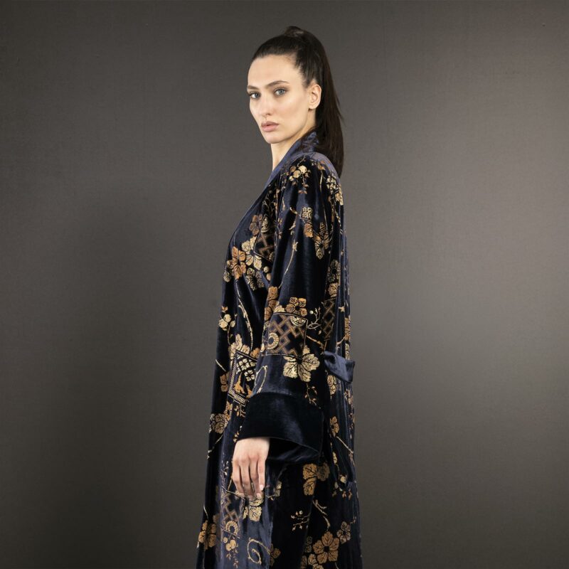 Audrey | Printed velvet Long Kimono coat |  Riassunto Navy Blue