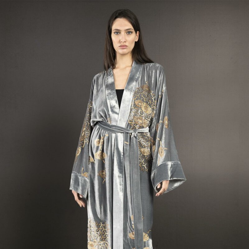 Audrey | Printed velvet Long Kimono coat | Japan Silver