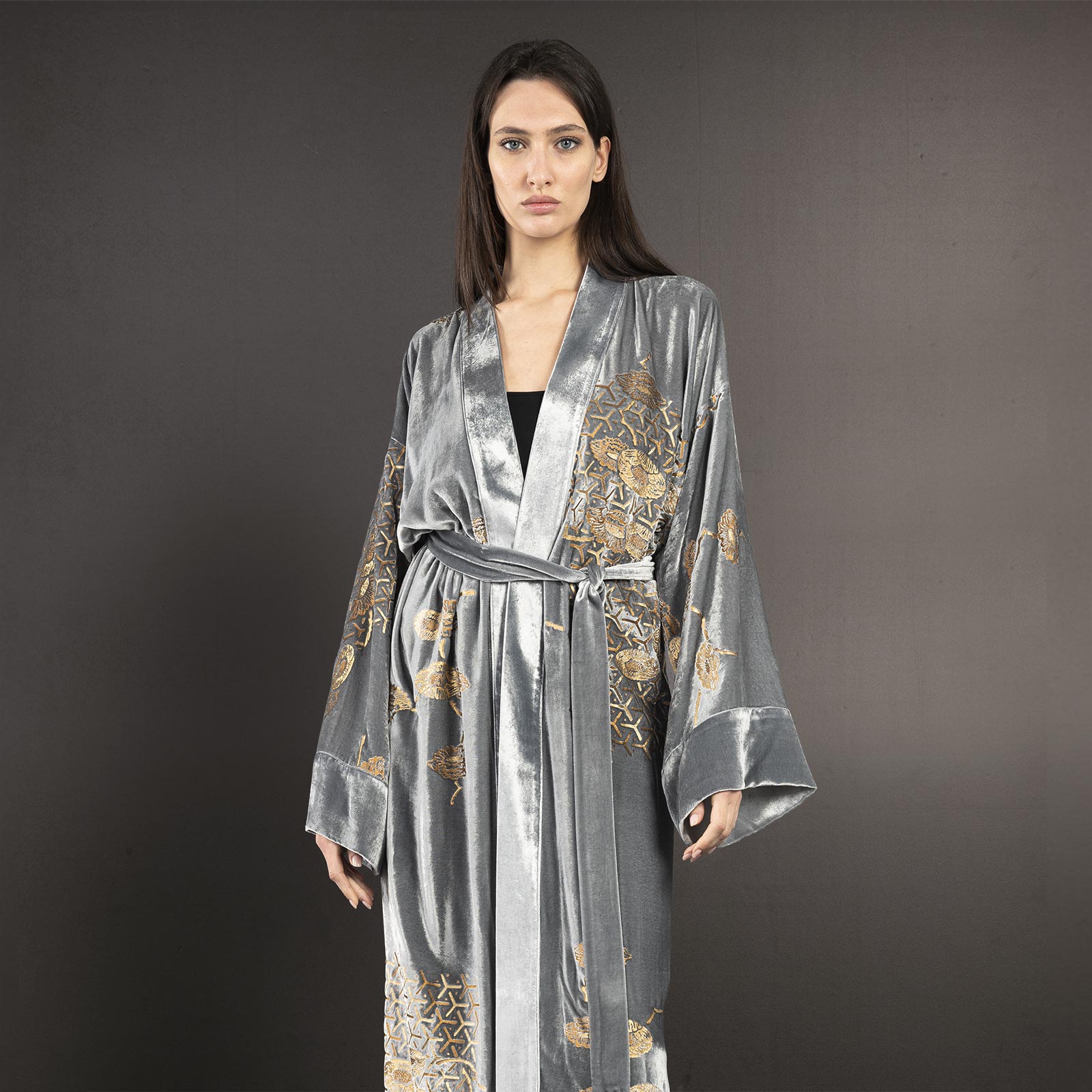 Audrey | Printed velvet Long Kimono coat | Japan Silver