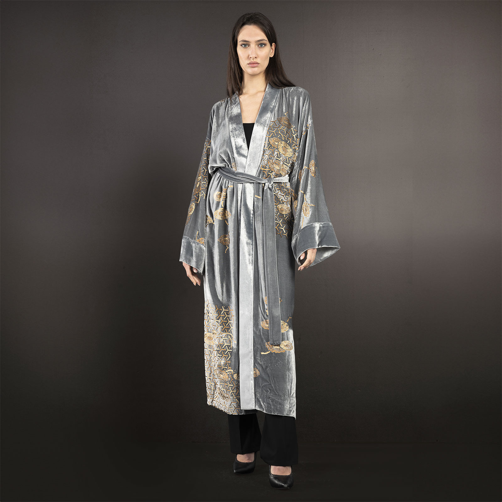 Audrey | Printed velvet Long Kimono coat | Japan Silver - Image 2