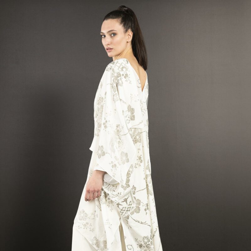 Daphne | Printed velvet Long evening coat | Riassunto White