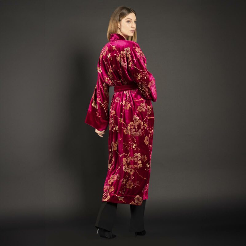Audrey | Printed velvet Long Kimono coat | Riassunto Magenta