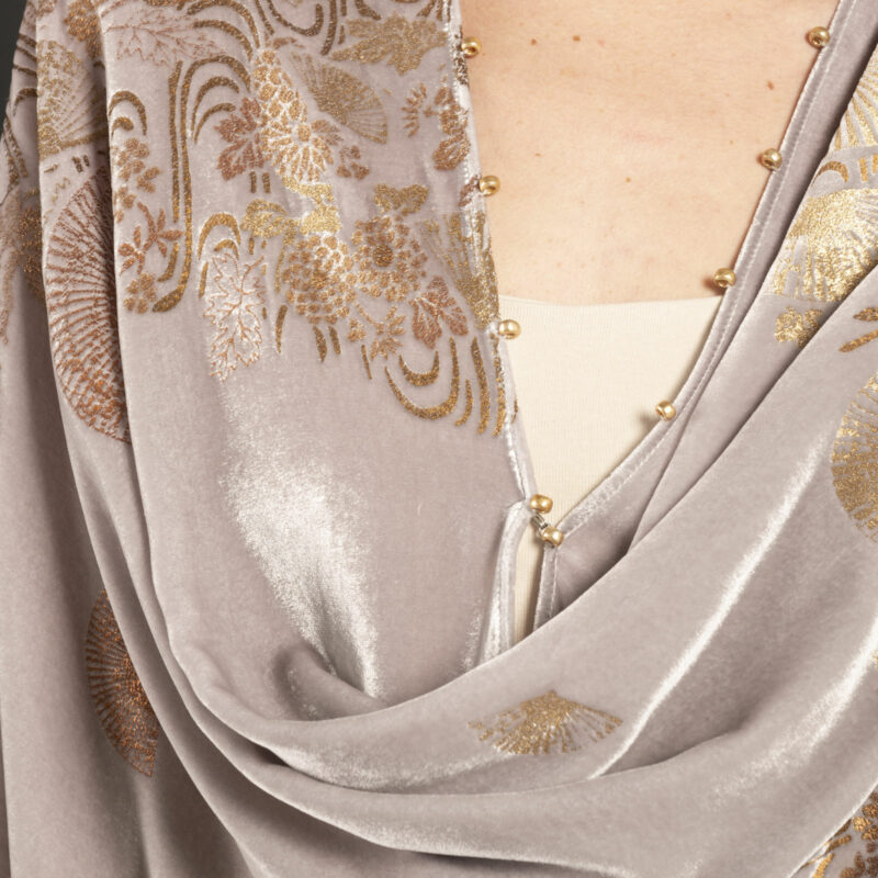 Daphne | Printed velvet Long evening coat | Ventagli Taupe