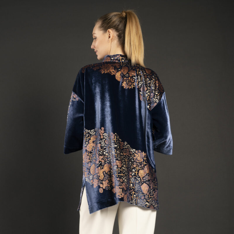 Cecilia | Printed velvet Mandarin Collar Jacket | Crisantemi Blue