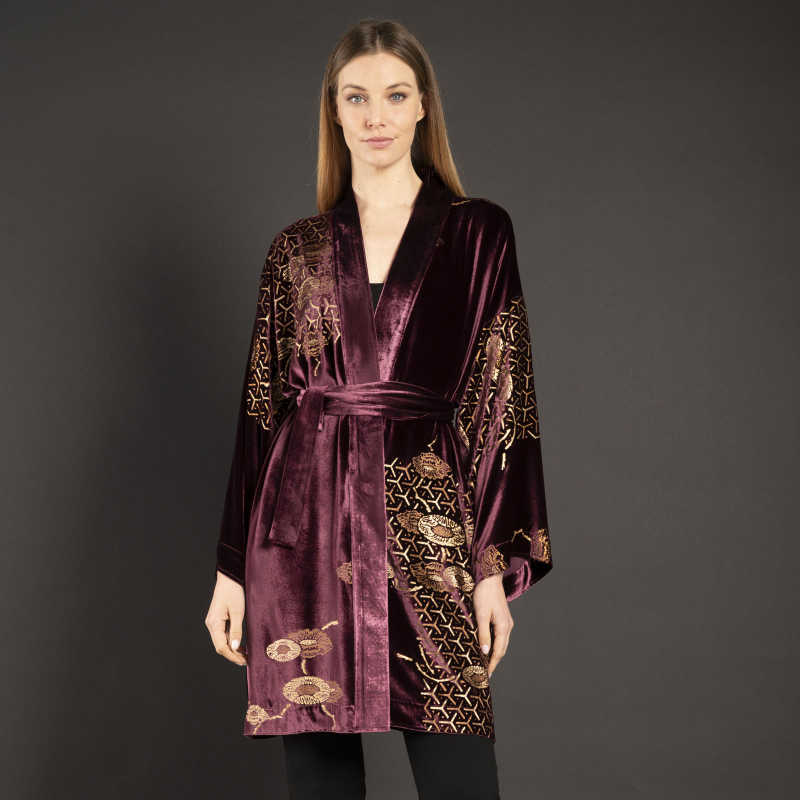 Isabel | Printed velvet Kimono Coat | Japan Aubergine - Image 2
