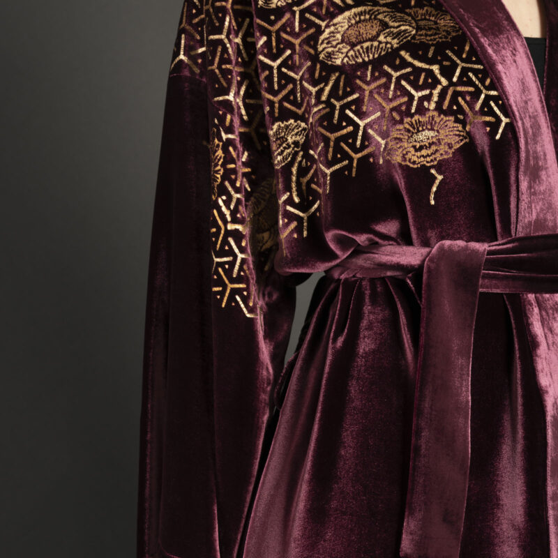 Isabel | Printed velvet Kimono Coat | Japan Aubergine