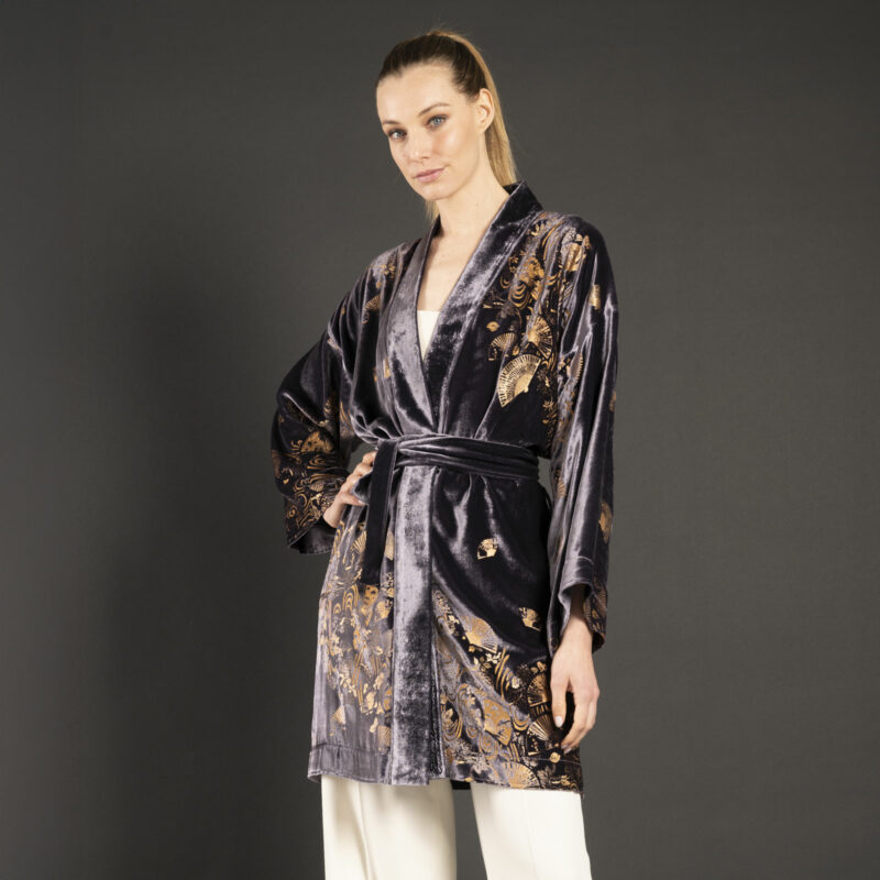 Isabel | Printed velvet Kimono Coat | Ventagli Purple-Grey