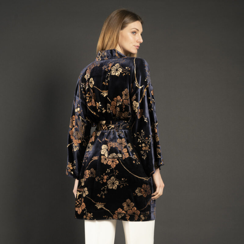 Isabel | Printed velvet Kimono Coat | Riassunto Blue Navy