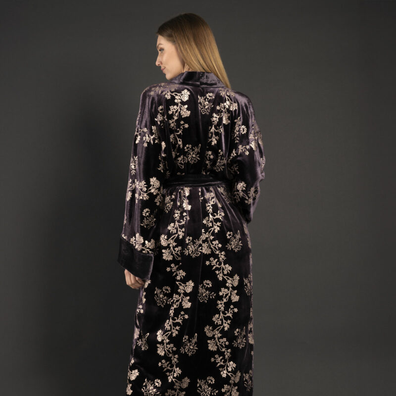 Audrey | Printed velvet Long Kimono coat | Rose Purple