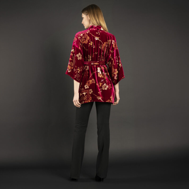 Iris | Printed velvet Short kimono Coat | Riassunto Magenta