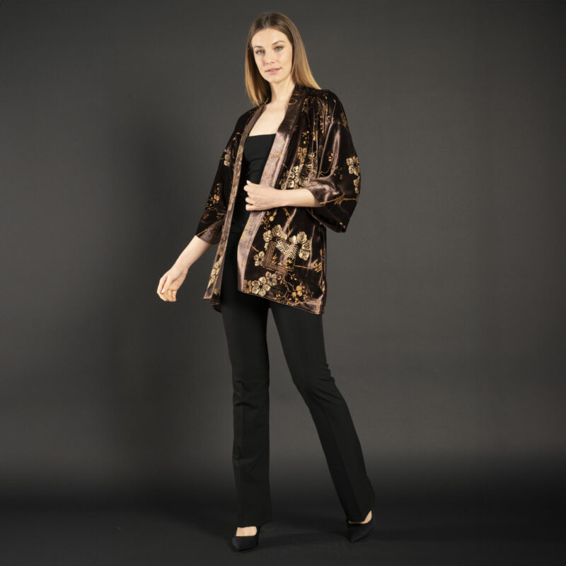 Iris | Printed velvet Short kimono Coat | Riassunto Cocoa