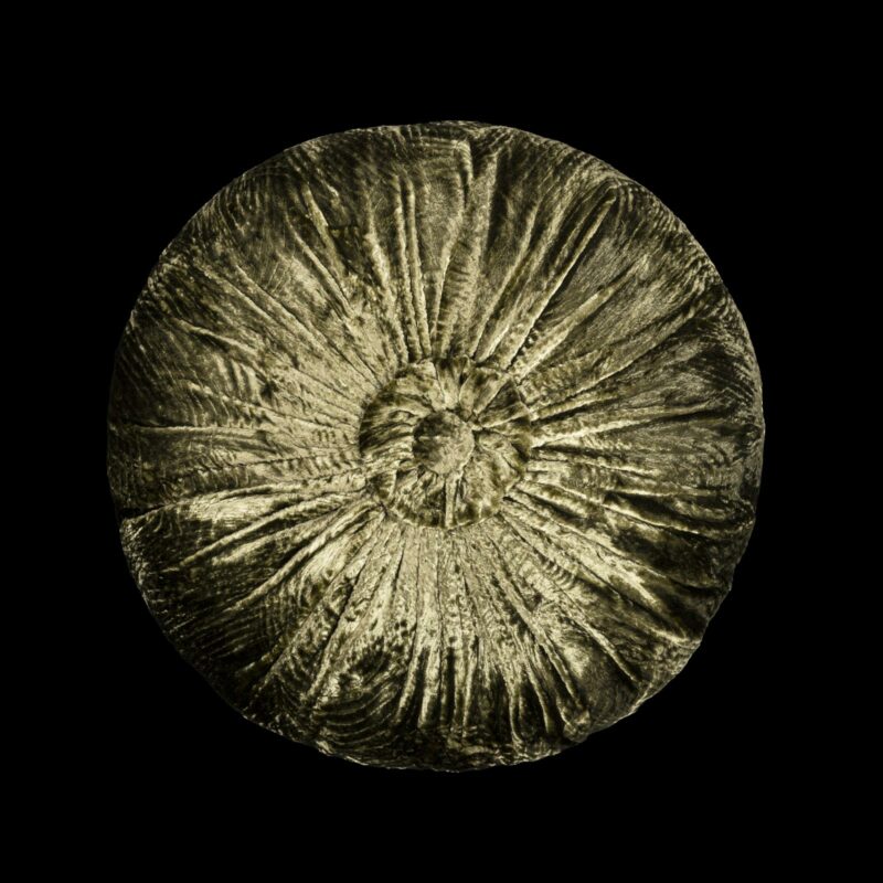 Furrowed velvet round olive green cushion