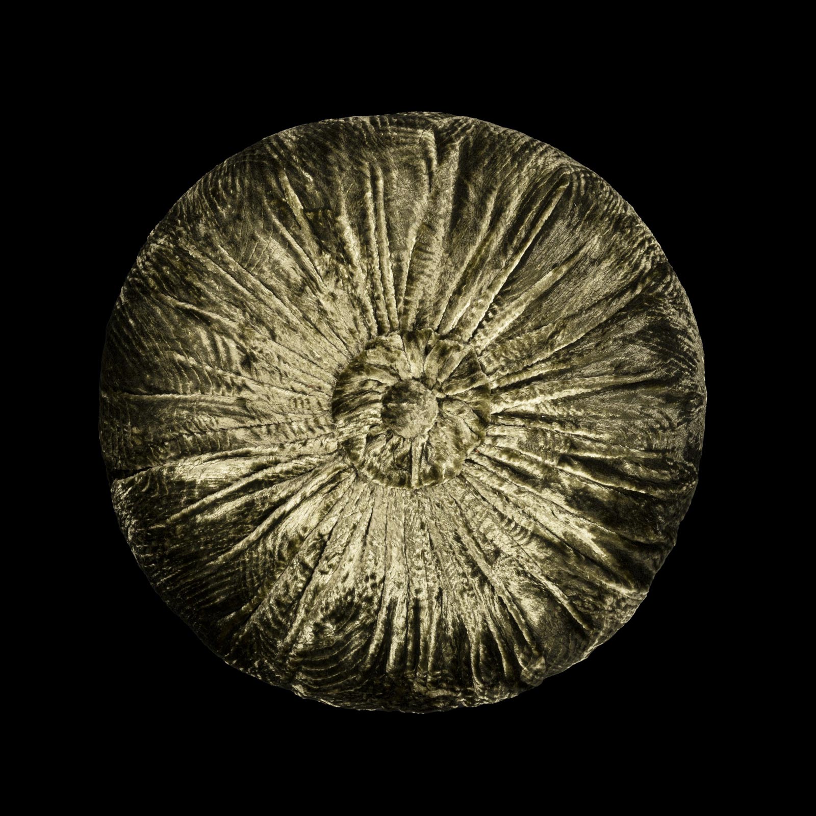 Furrowed velvet round olive green cushion