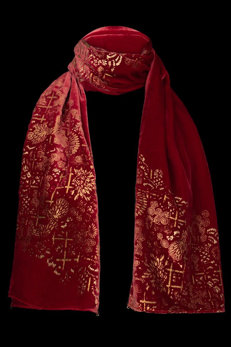 Printed velvet scarf with Murano glass beads | Crisantemi Red